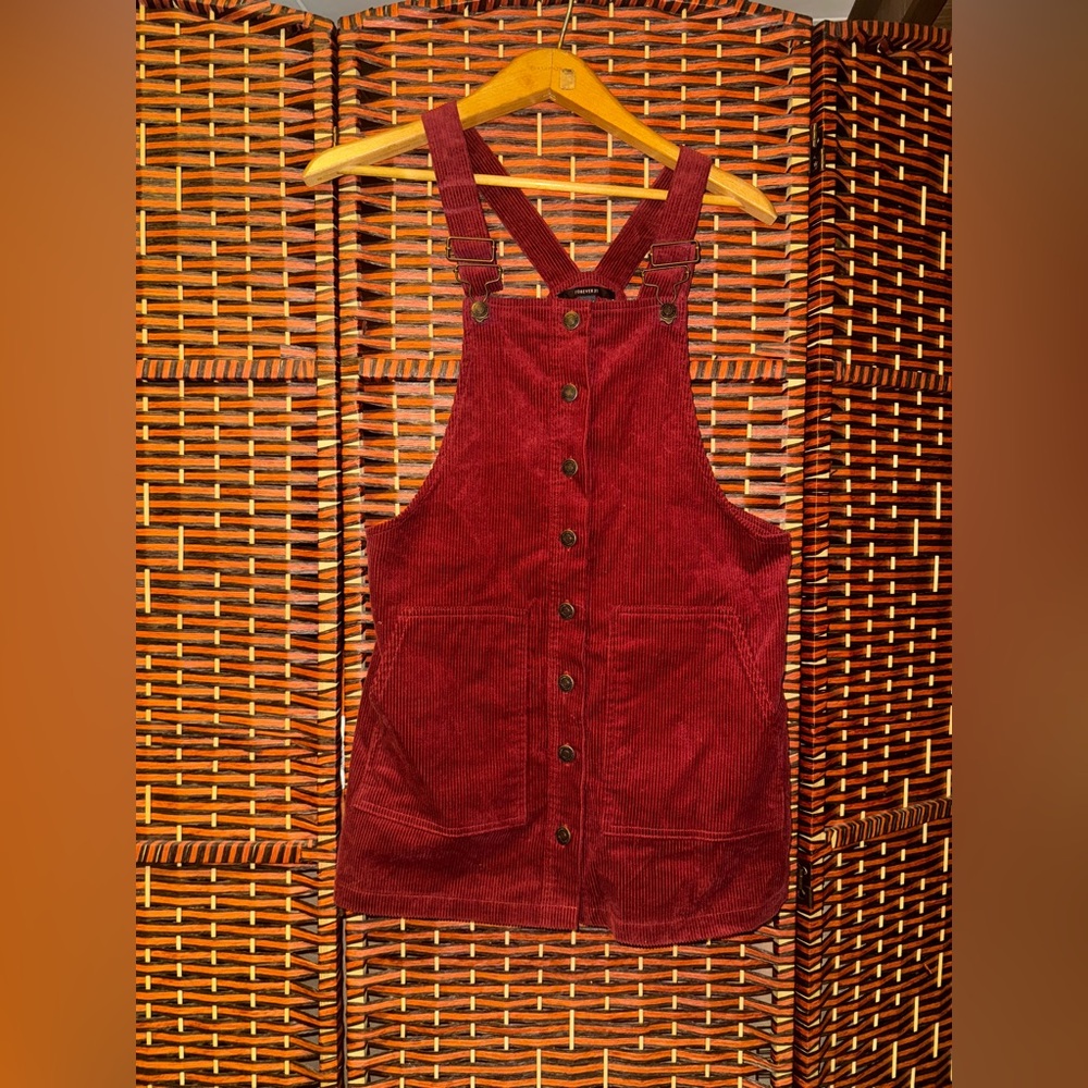 Burgundy Red Corduroy Button-Up Pinafore Dress
